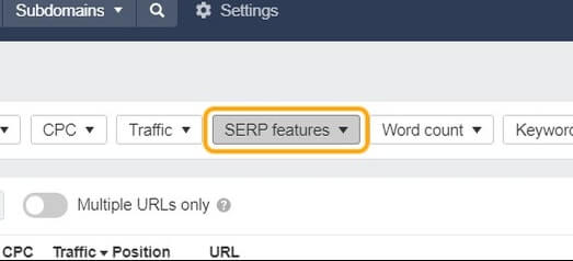 Filter keywords by SERP features