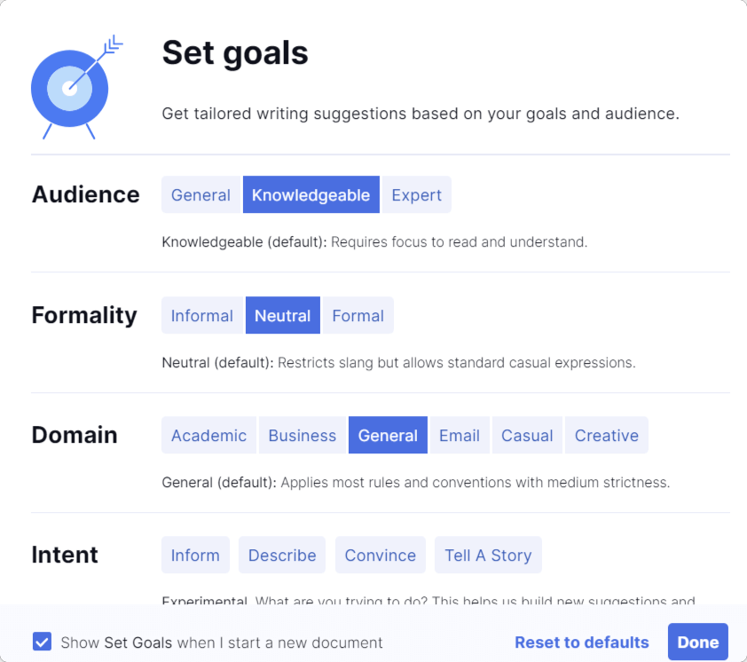 Grammarly content editing tool settings
