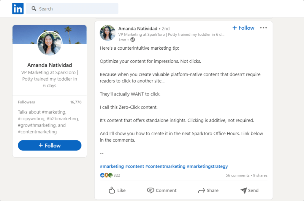 Amanda sharing it as native content without links on LinkedIn