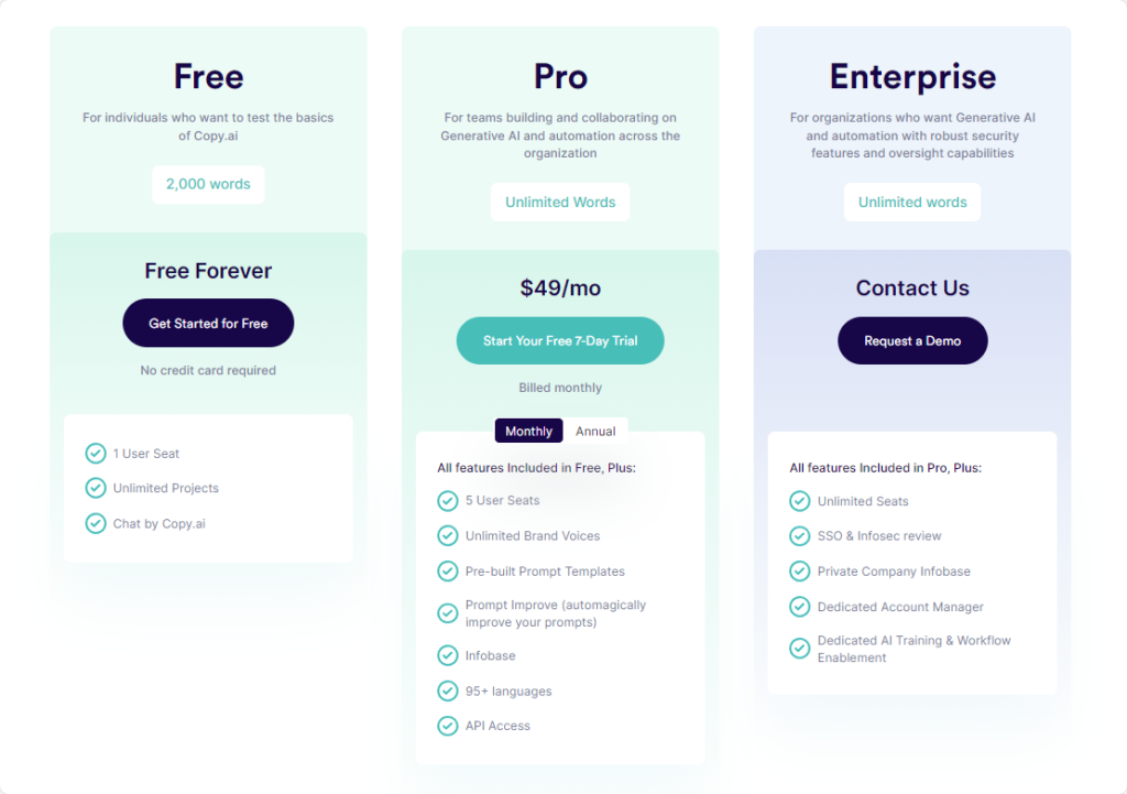 Copy AI pricing table